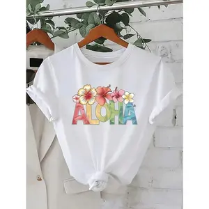 Women'S Hawaiian T-Shirt - ALOHA Letter & Tropical Floral Print Short Sleeve Top,,T-Shirt- Oversized Casual Short Sleeve Round Neck Tee, Soft Breathable Fabric For Holiday Parties& Gift Giving
