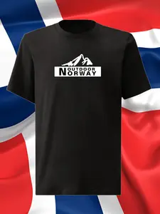 Norwegian Outdoor Theme T-Shirt, Outdoor Norway Mountain Pattern, Norwegian Flag Background, Casual Fitted Style for Outdoor Enthusiasts
