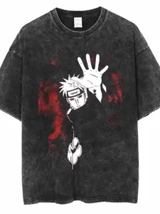 A washed and worn Vintage T-shirt with a theme of Pain (Tendo) in Naruto, featuring his iconic "Reincarnation Eye" and "Black Stick" decorations, paired with a huge palm shape (corresponding to his abilities such as "Shinra Tenquest")