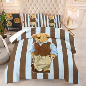 Polo Gentleman Bear Cartoon Print Theme Bedding Set,(including 1 Quilt And 1-2 Pillowcases), suitable For All Seasons, a Must-have For Home Life, Multiple Styles Available