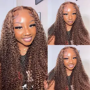 Vshow 4/27 Highlight Kinky Curly Hair Lace Front Wigs Brown With Blonde Curly Human Hair Lace Wigs For Women