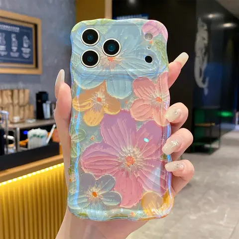 ISEMENA For iPhone 18 Pro Max/18 Pro 17 16 15 14  Colorful Retro Oil Painting Printed Flower Glossy Pattern Cute Curly Waves Border Exquisite Phone Cover Stylish Durable TPU Protective Case for Girls Women