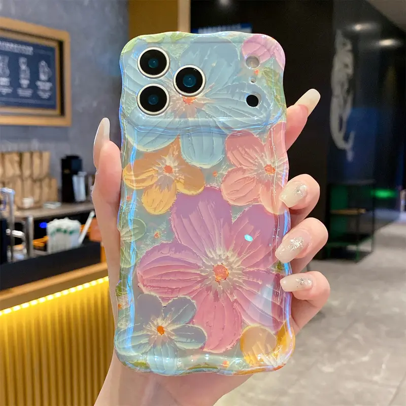ISEMENA For iPhone 18 Pro Max/18 Pro 17 16 15 14  Colorful Retro Oil Painting Printed Flower Glossy Pattern Cute Curly Waves Border Exquisite Phone Cover Stylish Durable TPU Protective Case for Girls Women