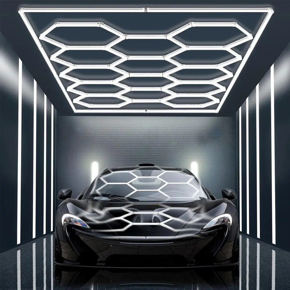 720W Hexagon LED Garage Ceiling Grid Light System, 86400 Lumens Ultra Bright Hexagonal Lighting Kit with PC Insulation Material, Cable Ties & Screws for Car Detailing Shop, Workshop 6500K White