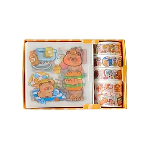 Capybara Themed Stationery Gift Set, 4 rolls of tapes and 4pcs stickers, DIY decorative stickers, suitable for decorating stationery, books, laptops, water bottles, mobile phone cases