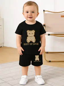 Summer Bear Print Set, Stylish Baby Short Sleeve Shorts Two-Piece Set, Casual All Seasons Wear, Fitted Design, Husky Boy Clothes