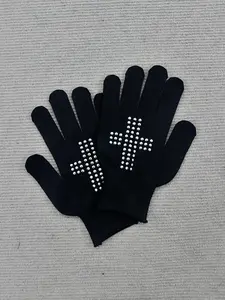 Vintage Gothic Cross Rhinestone Gloves, Anti-Slip Design, Street Style, All Seasons, Fashion Accessory, Cool and Trendy