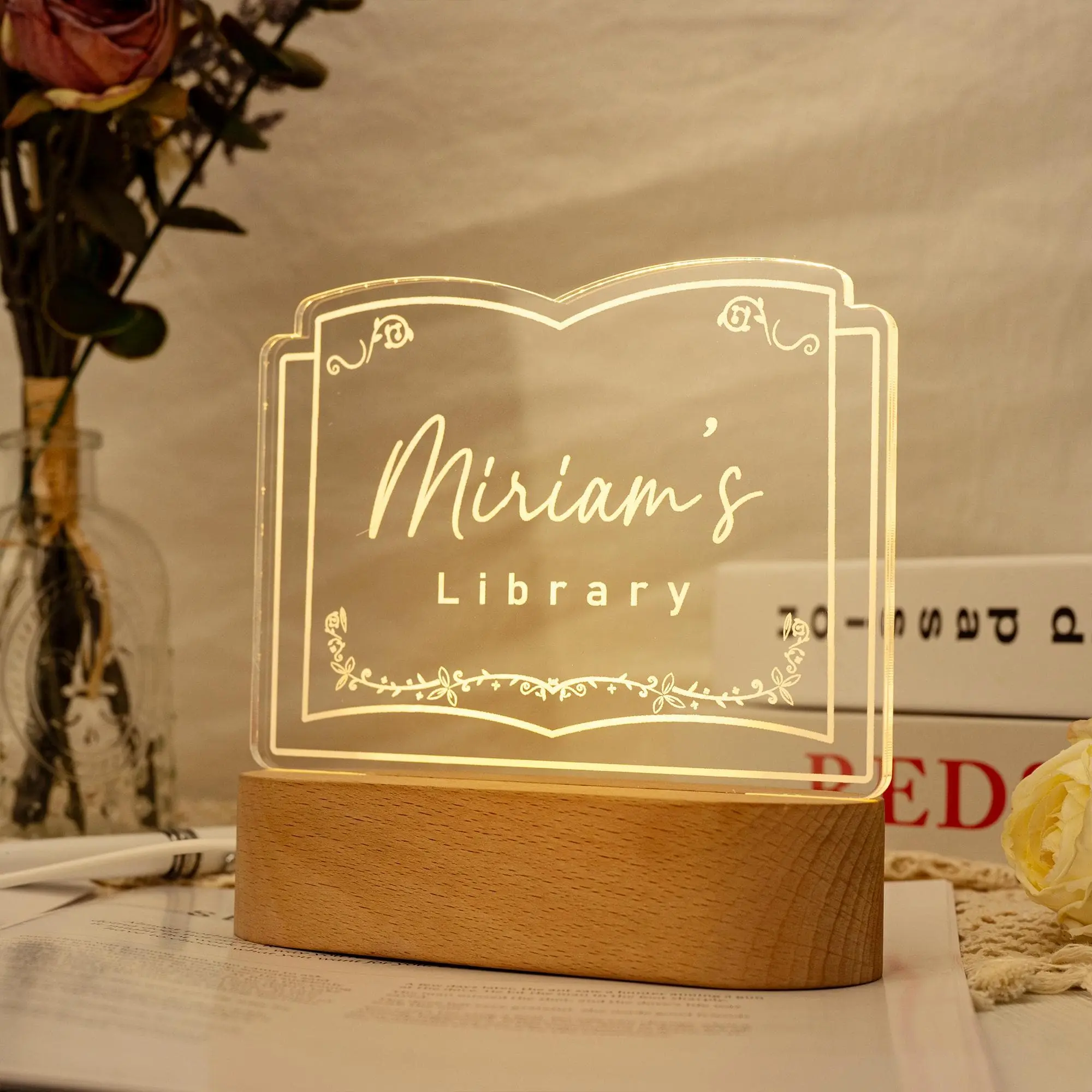Personalized Acrylic Wood Lighted Library Sign, Book Lover Home Decor, Bookshelf Accessory, Birthday Gift Idea for Her, Books