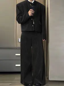 INCERUN Men's Fashion Casual Solid Color Stand Collar Long Sleeve Jacket + Long Pants Corduroy Fabric Suit Set, Perfect for Daily Wear, Stylish and Comfortable, Menswear