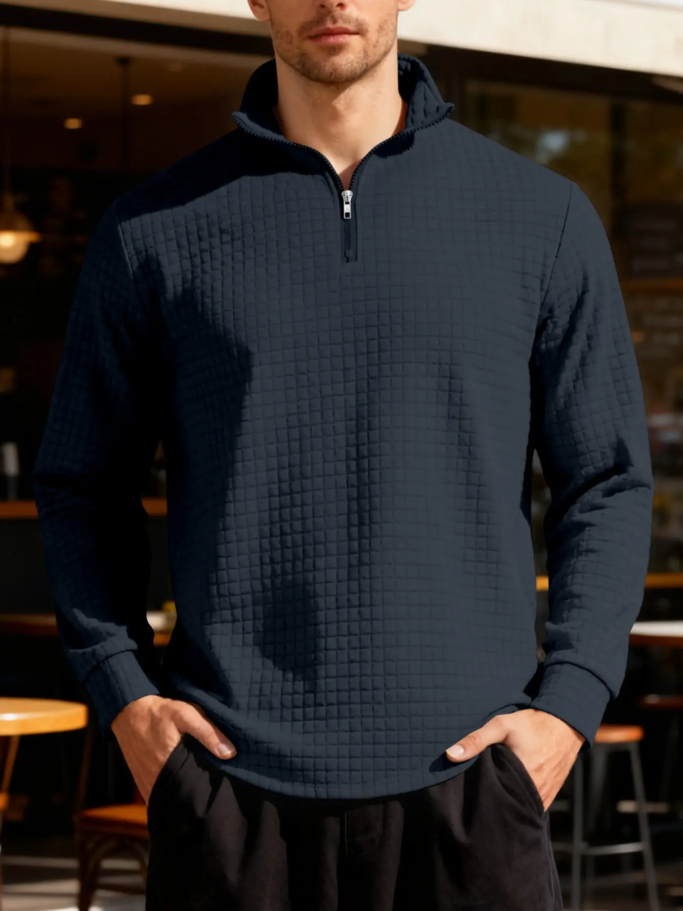 New men's solid color Plain waffle long sleeve knitted pullover hoodie, Thermal, half zipper stand collar design, autumn and winter wear, warm comfortable fabric, suitable for home and outdoor sports, fashion, simple casual men's clothing