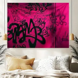 1Pc Vibrant Pink & Black Graffiti Wall Tapestry, Creative Colored Wall Hanging Suitable For Living Rooms, Bedrooms Or Gatherings, Gardens, Indoor And Outdoor Use, Party Decoration Colored Polyester Wall Cloth, Decorative Banners, Tapestries