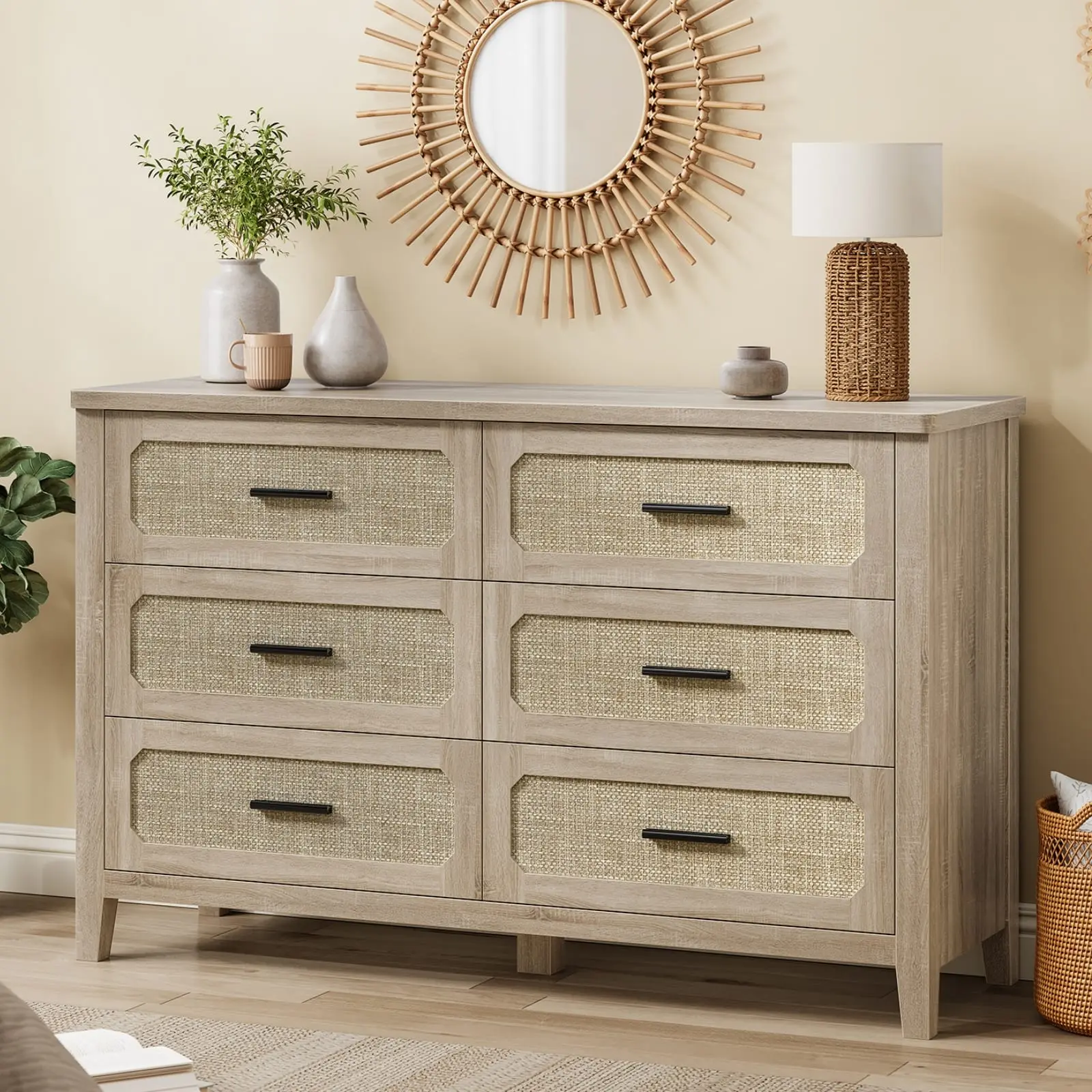 Sikaic 48-in Rattan Bedroom Dresser with 6 Drawers - Grey Oak Clean Design Storage Chest, Indoor Furniture Cupboard