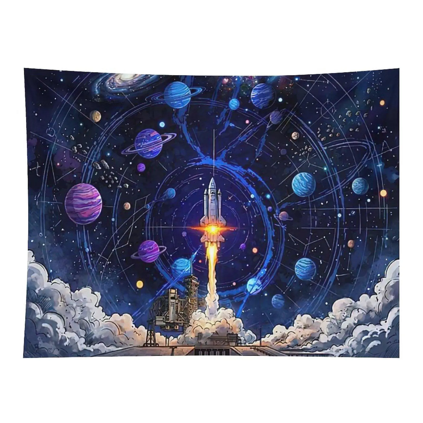 Rocket Launch Space Planets Tapestry Galaxy Wall Hanging Decor