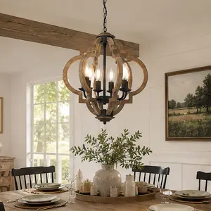 ARCH Farmhouse 6-Light Wood and Metal Chandelier, Rustic Dining Room Light Fixture, Boho Pendant Lighting for Kitchen Island, Bedroom, Living Room, Entryway, Adjustable Chain, Dimmable, E12 Base, 12.99"W x 15.35"D x 7.09"H, Wood Color Options