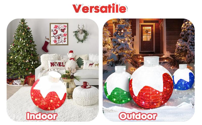 Christmas Outdoor Decoration, Christmas Ball lights, 3-Piece Pop-Up Christmas Ball Set with 184 LED Lights, Pre-Lit Iridescent, 3D Glittered Standing Holiday Display for Outdoor Ornaments