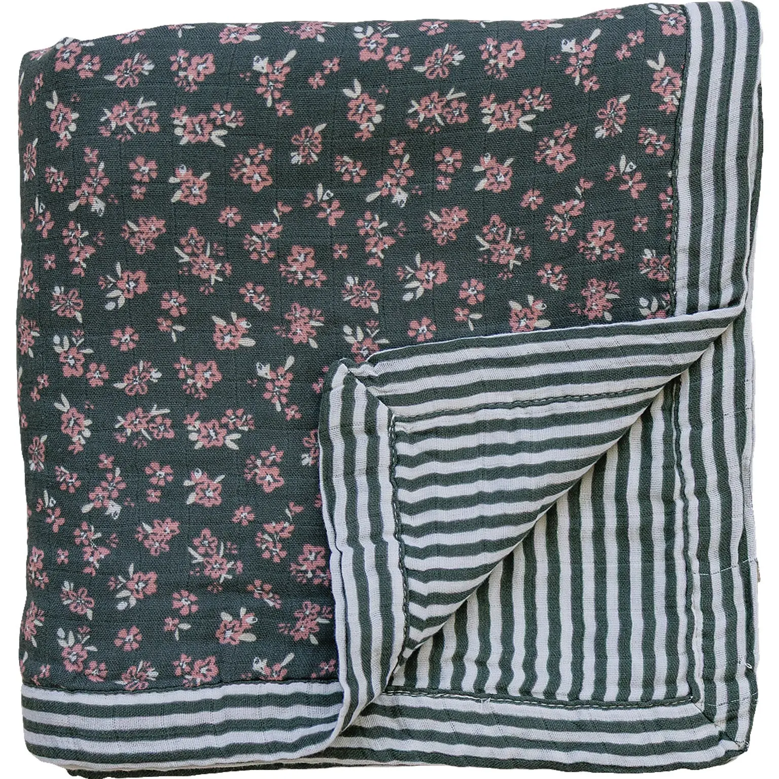 Olive Bloom + Green Stripes Muslin Quilt