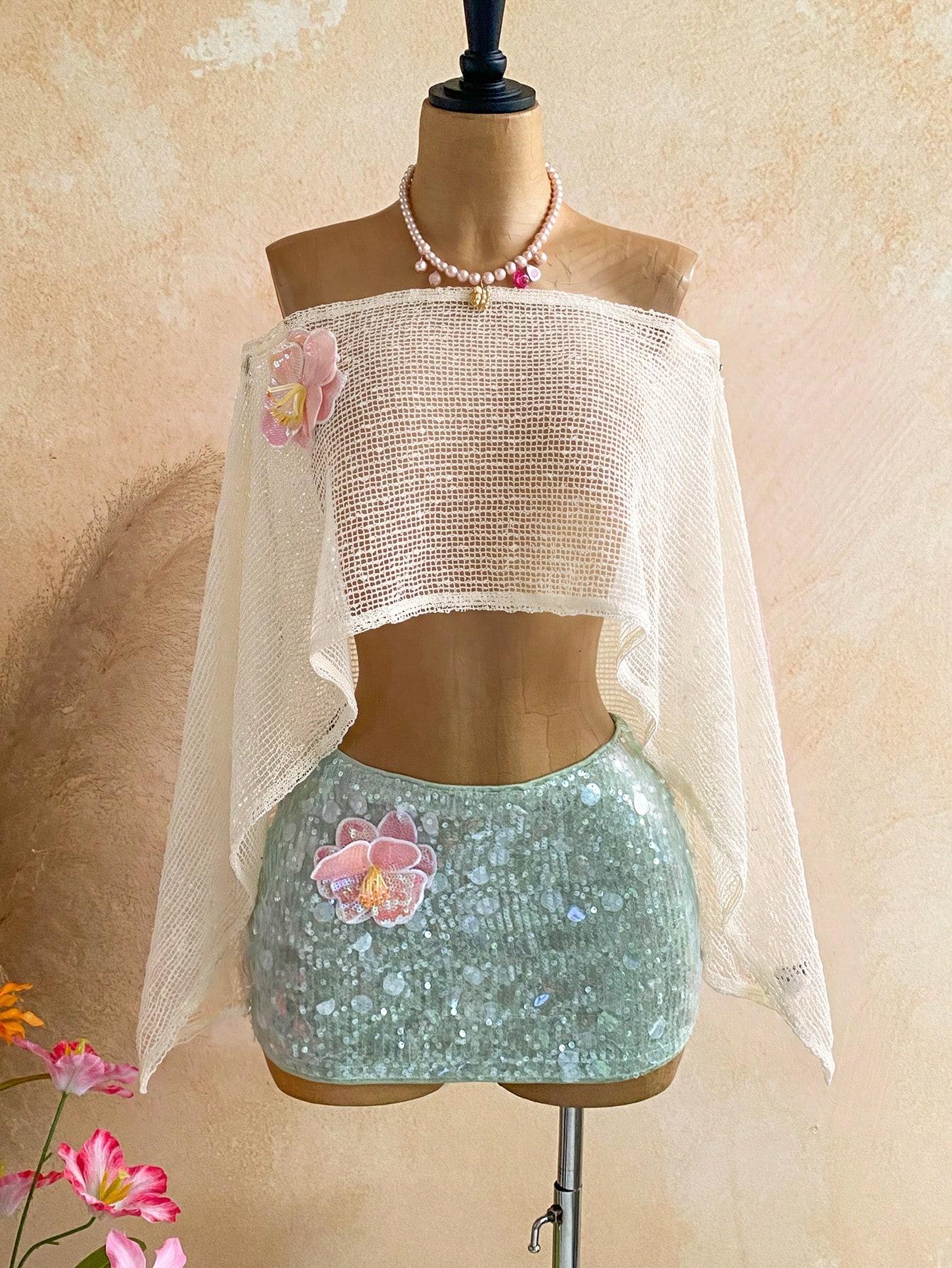 VYNCE Summer Beach Holiday Knit Top Light Pink 70s Party 3D Flower Knitted Crochet Off-Shoulder Hollow Music Festival Wear