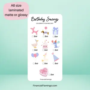 FinancialFlamingo Birthday Savings Challenge A6 Size Laminated Matte or Glossy Reusable Tracker for Gifts Parties and Celebrations