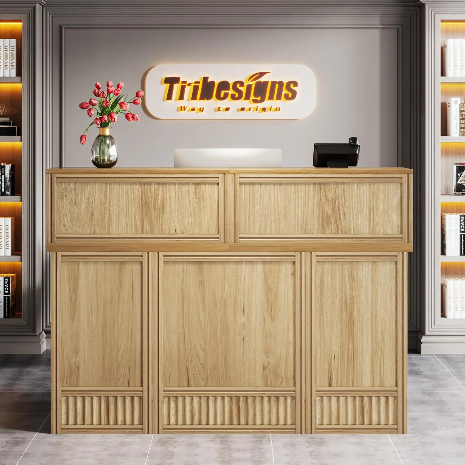 Tribesigns Reception Desk with Counter, 57-Inch Rustic Front Desk Receptionist Desk, Boho Welcome Desk Checkout Counter for Office, Retail, Lobby, Beauty Salon