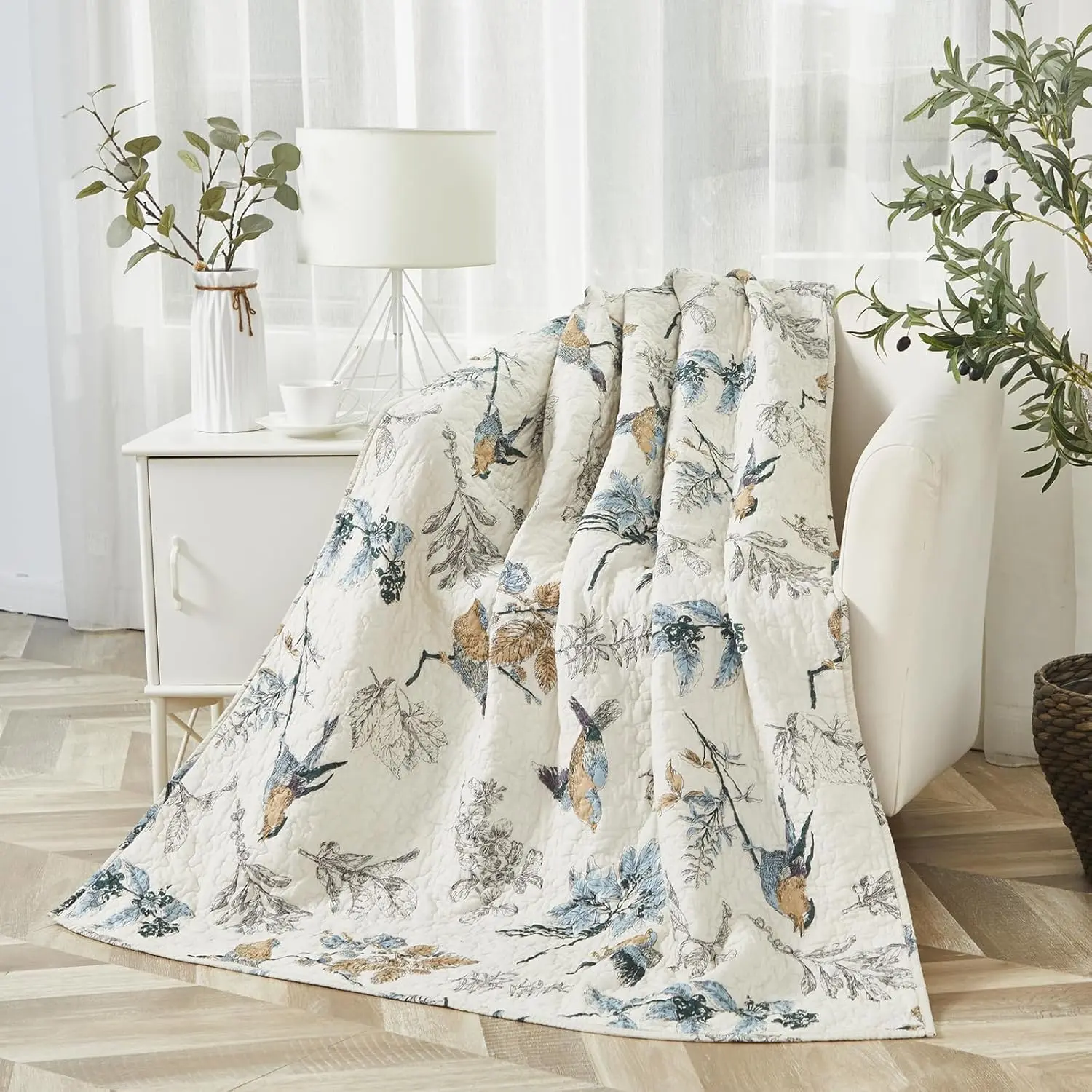 Country Quilted Throw Blanket Cotton Birds Printing Throw Quilt  X 60 Inch, Beige
