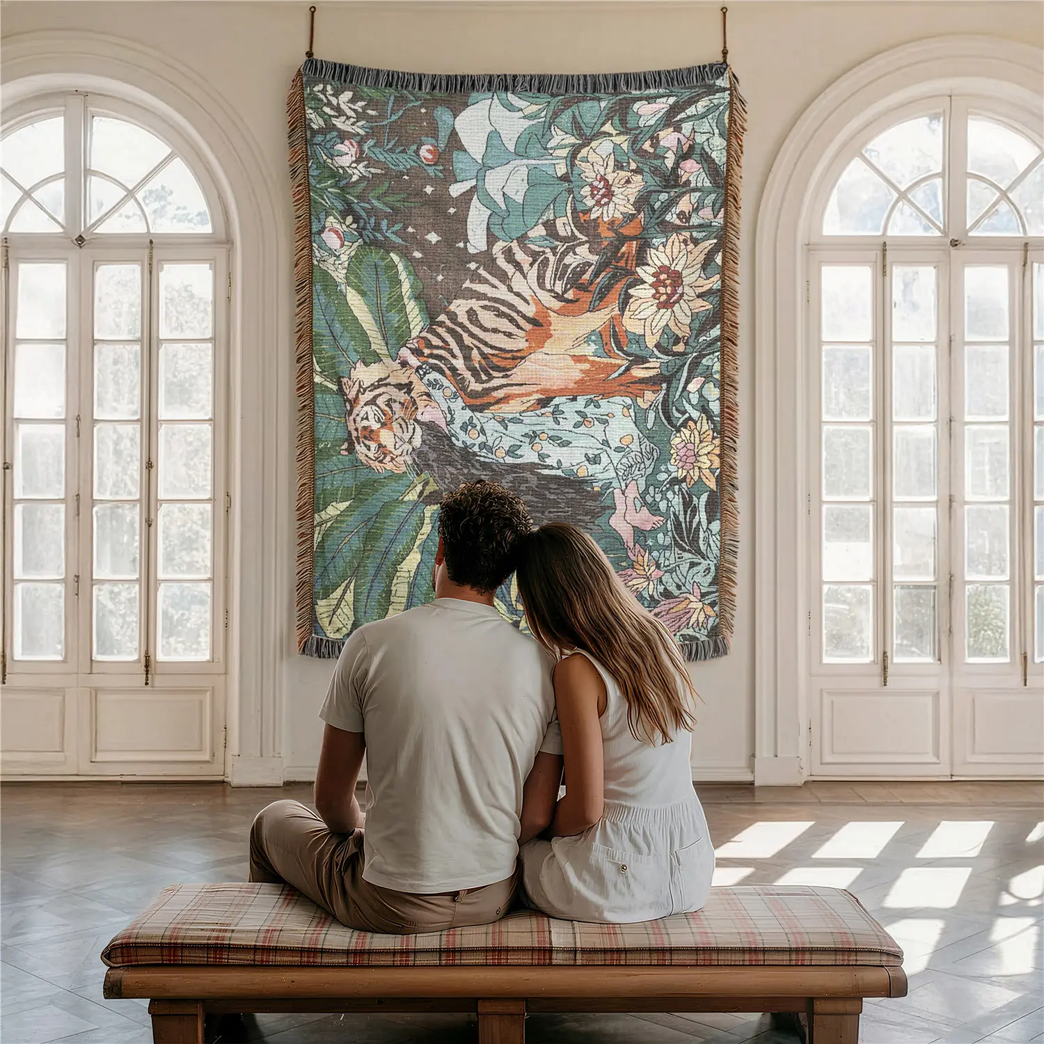 Tiger Girl Pattern Home Decor Yarn Woven Wall Art Tapestry for Bedroom Dorm Living Room- with Fringe Tassels Not Printed - Multipurpose Design Soft Boho H Chair Couch Bed Cover Throw Towel Slipcover Travel Garden Outdoor Camping Picnic Beach