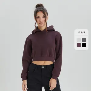 Women's Casual Solid Color Hooded Long Sleeve Crop Hoodie, Minimalist Versatile Top for Lady, Slouchy Fall Outfits (CN)