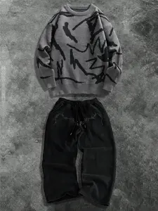 Street Casual Set Outfit Unisex Knit Sweater Long Sleeve Top & Printed Pants Two-Piece, Fall Winter Loose Fit Fashion Clothes