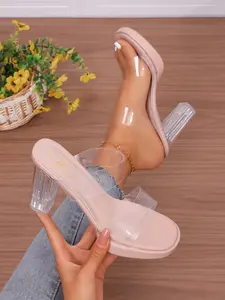 Women's Summer New Silver Color Transparent Crystal Chunky Heel Sandals, Open Toe Waterproof Platform High Heels, Versatile Shoes