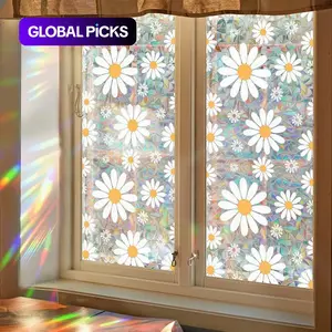 1 Roll Colorful Window Privacy Film 3D Rainbow Vintage Daisy Static Cling Decorative Decal, PVC Eco-Friendly Heat Insulation Window Decor 17.53*78.7in #GLOBAL PICKS