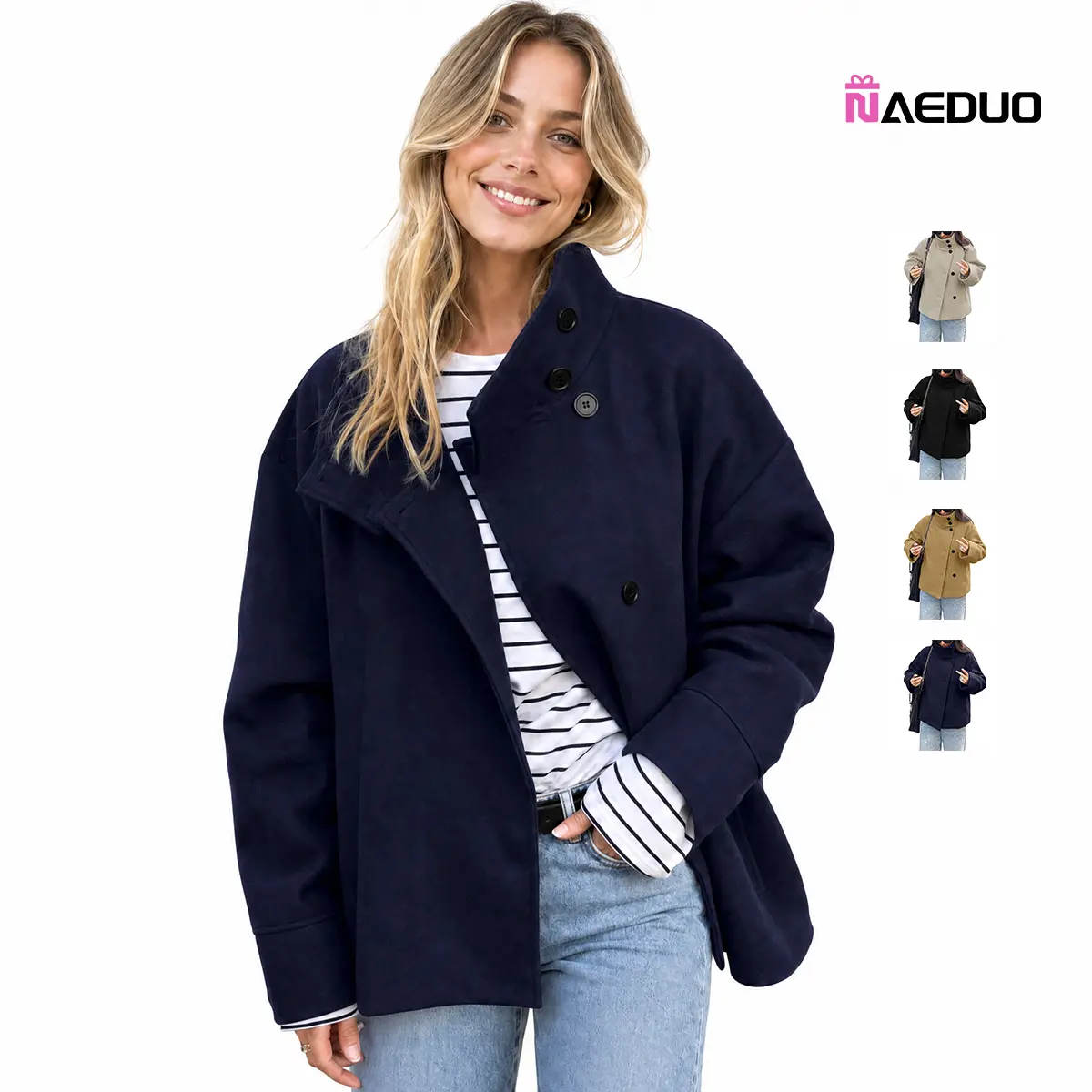 Naeduo Women Stand Collar Cropped Wool Blend Coat, Oversized Asymmetric Button Short Pea Coat with Pockets, Casual Fall Winter Outerwear