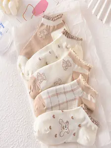 Women's 5 Pairs Cute Cartoon Bear Plaid Print Trim Short Socks, Comfortable Breathable Daily Wear, Multi-Pair Knit Socks for All Seasons