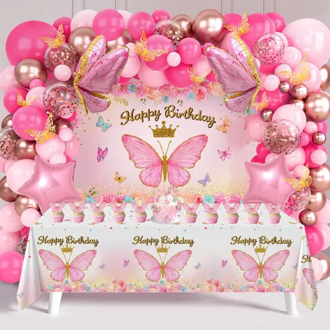 Pink-Purple Butterfly Balloon Tablecloth Backdrop Set, 94-Piece Eco-Friendly Easy-Install Latex Balloon Party Decoration Supplies for Girls' Birthday, Anniversary, New Year's Eve