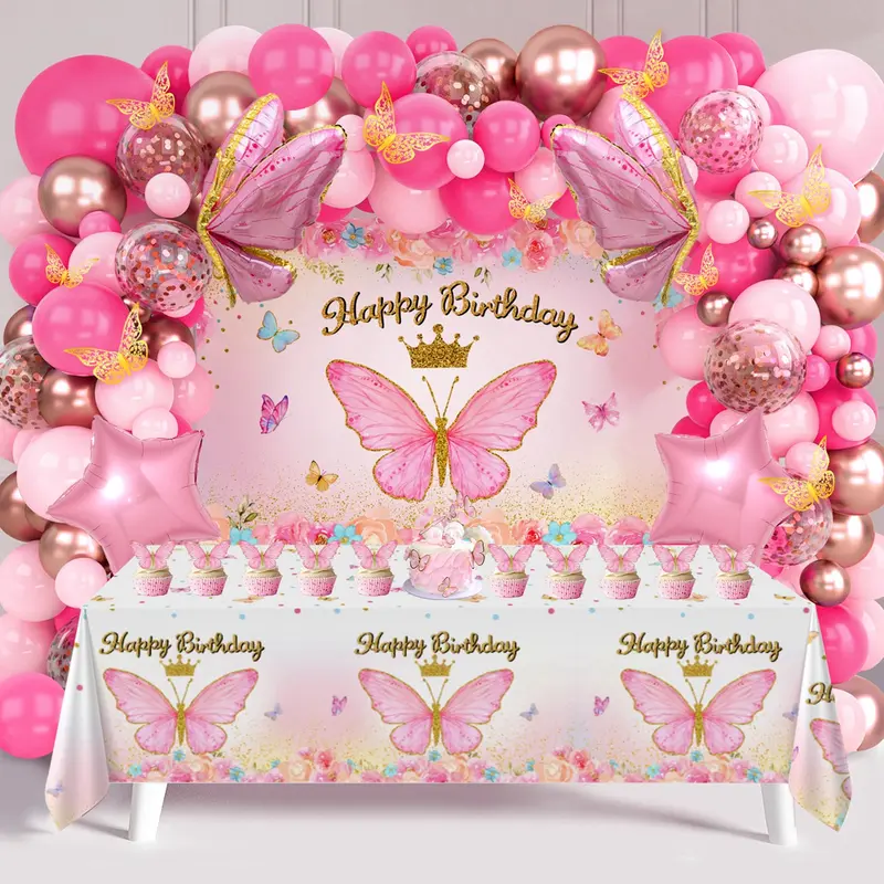 Pink-Purple Butterfly Balloon Tablecloth Backdrop Set, 94-Piece Eco-Friendly Easy-Install Latex Balloon Party Decoration Supplies for Girls' Birthday, Anniversary, New Year's Eve