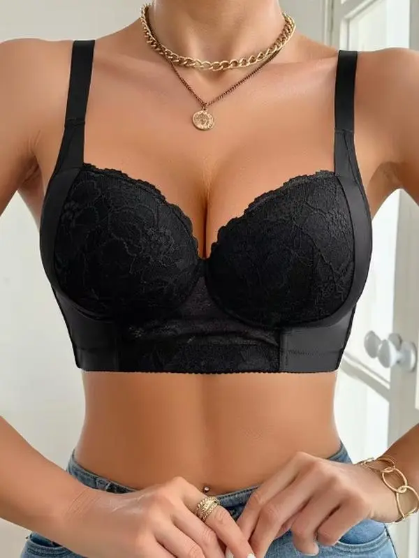 Women Lace Underwire Bra, Adjustable Straps Support Push Up Gathering Everyday Lingerie Brassiere