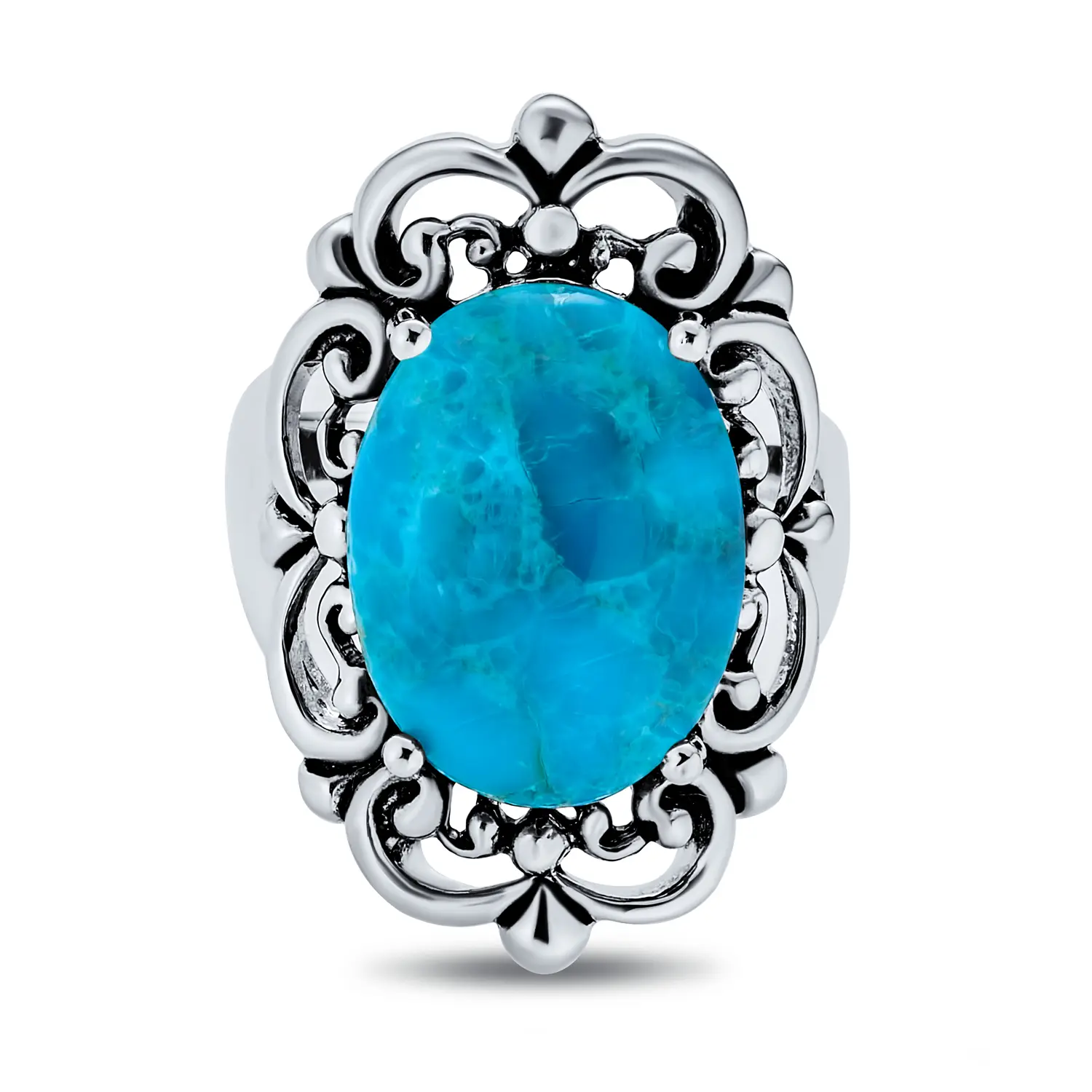 Western Style Filigree Oval Cabochon Full Finger Statement Blue Turquoise Ring Oxidized Sterling Silver
