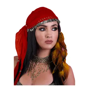 Gypsy Head Scarf with Coins (Red/Silver)