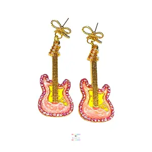 Pink Guitar Coquette Bow Earrings / Rhinestone Enamel Guitar Dangle Earrings / Gold Plated Coquette Bow Electric Guitar Rock Star Earrings