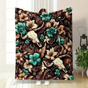 Ultra-Soft Vintage Floral & Bull Skull Throw Blanket - Perfect for Sofa, Couch, Office, Camping, Bed, Travel | Durable Polyester, Machine Washable | Ideal Gift for Thanksgiving & Christmas  Cartoon Blanket Halloween and Christmas Gifts