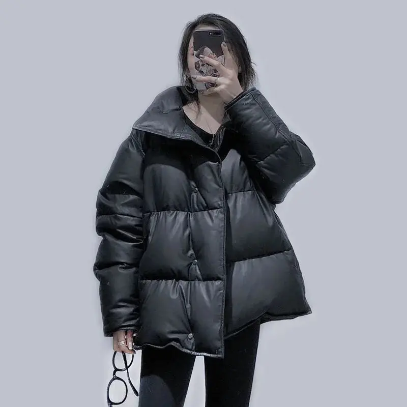 Women's Winter Soft Genuine Leather Down Jacket with Stand Collar