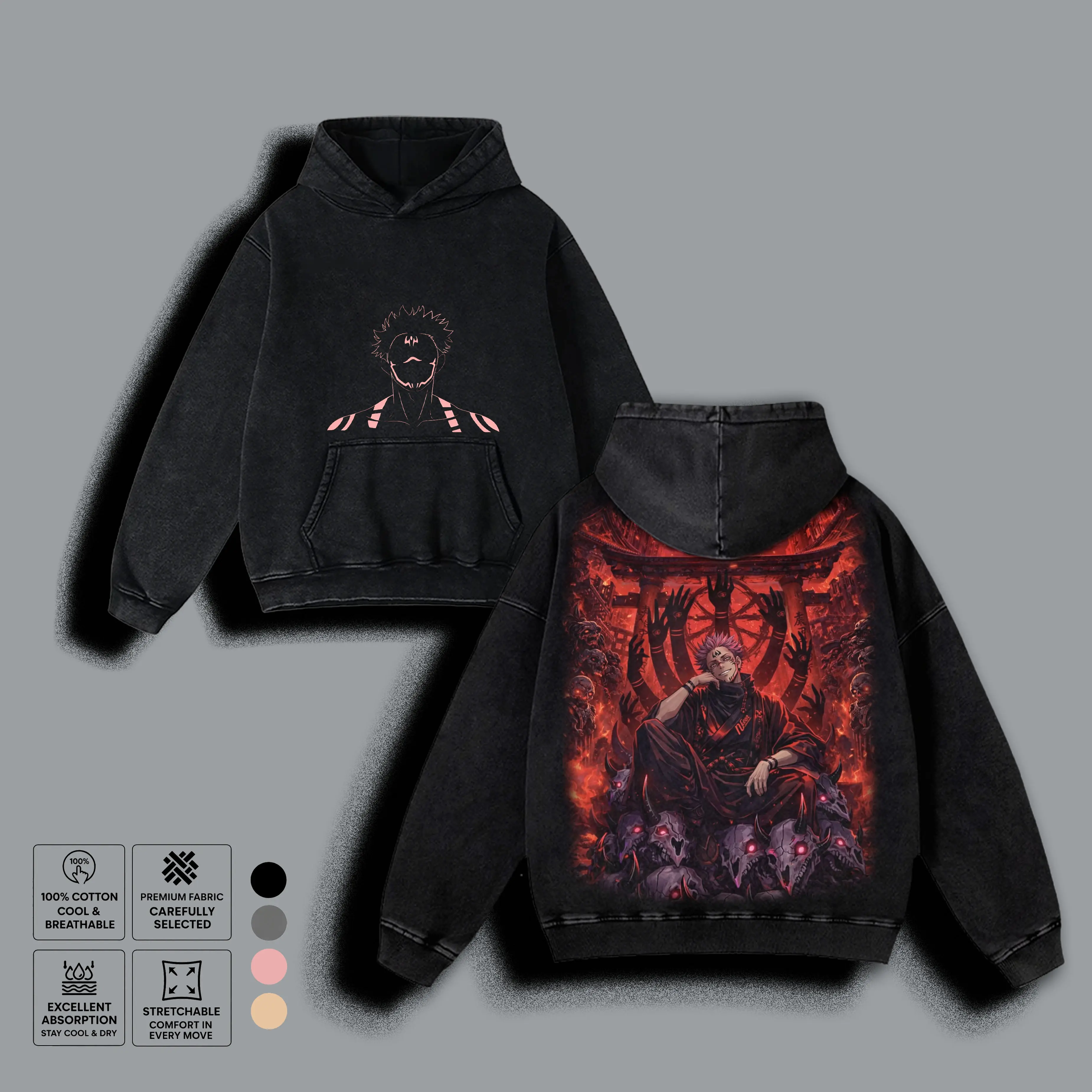 Unisex Menswear Ryomen Sukuna Throne Jujutsu Kaisen Casual Oversized Washed Tee - Long Sleeve Crewneck Hoodie Sweater with Malevolent Shrine Graphic, Soft Cotton Fabric JJK Streetwear Fan Gift, Seamless, Pullover, Round Neck, Tops, Tshirt