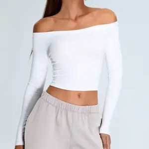 Braless Off the Shoulder - Ribbed Fabric - Built-In-Bra & Customizable Padding - Women's Long Sleeve Top