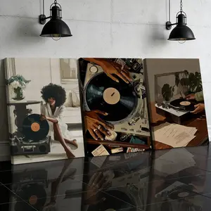 3 Counts Wooden Framed Canvas Painting, Retro Vinyl Record Player Art Images, Exquisite Poster, Perfect Living Room Decoration, Modern Art, Fashion Family Poster, Wall Art Decoration, Waterproof Art