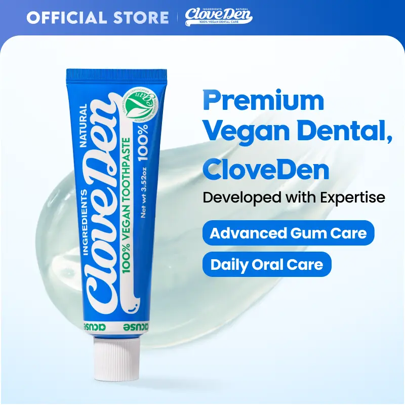 CloveDen Vegan Fluoride Toothpaste - Herbal Gum Care with Clove & Tea Tree, Anti-Plaque & Tartar Control, Targets Odor-Causing Bacteria, Gentle for Sensitive Teeth, SLS-Free, Lemon Mint, 3.52oz / 100g