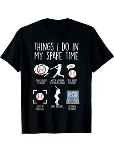 Men's Retro Baseball Graphic T-Shirt - Funny "Things I Do In My Spare Time" Slogan with Baseball Icons, Soft Breathable Cotton, All-Season Comfort, Casual Crew Neck Tee for Sports Fans & Casual Attire (Machine Washable)