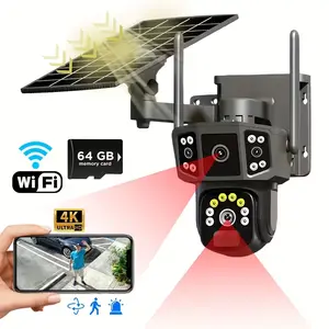 Solar Security Cameras Wireless Outdoor With 64GB SD Card - 2.4 GHz WiFi Security Cameras, 4K/8MP Dual-lens Linkage, Battery Powered, 360° Pan And Tilt, Ultra Clear Color Night Vision, PIR, Two-Way Audio, SD And Cloud Storage