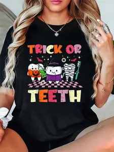 Cotton Unisex Graphic T-Shirt Halloween Dentist Trick Or Teeth Dental Costume Men Women T-Shirt Vintage Casual Shirt women's graphic tees
