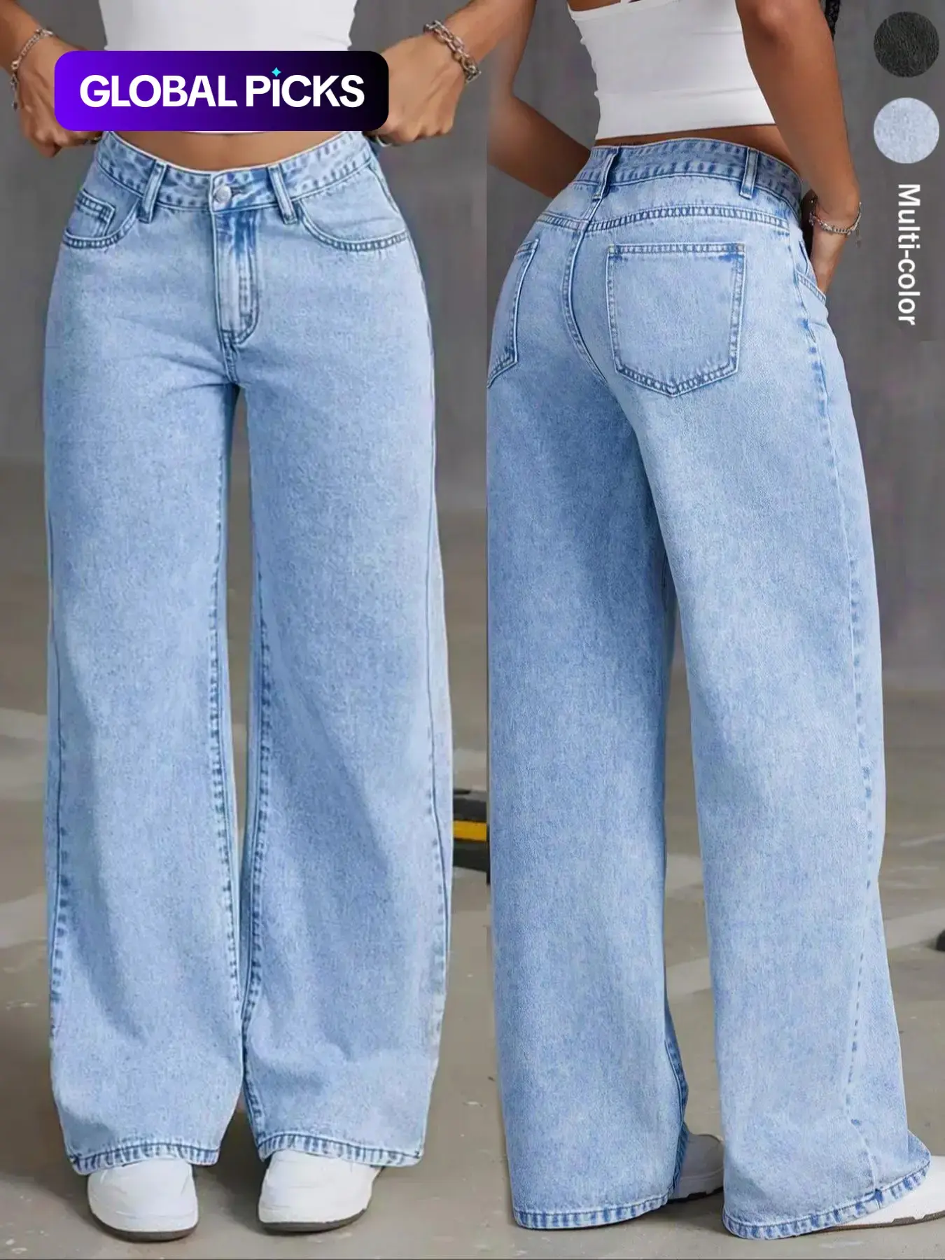 Women's Wide Leg Baggy Light Wash Jeans with Pocket, Casual Button-Up Denim Pants, Loose Fit with Natural Waist for Everyday Wear Bottom