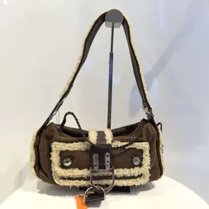 Pre-owned DIOR Vintage Pilot Shearling Shoulder Bag with Faux Fur Trim and Durable Lock Closure
