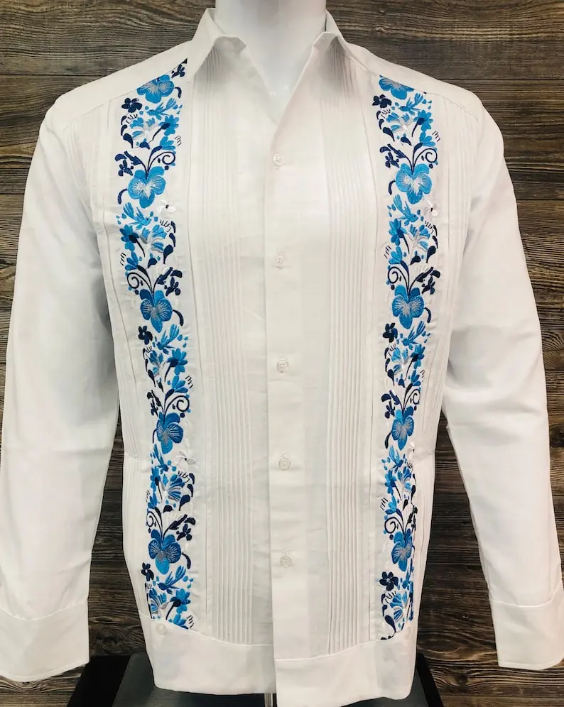 Mens Mexican Guayabera Wedding Shirt Hummingbird Blue Flower Embroidery Long Sleeve