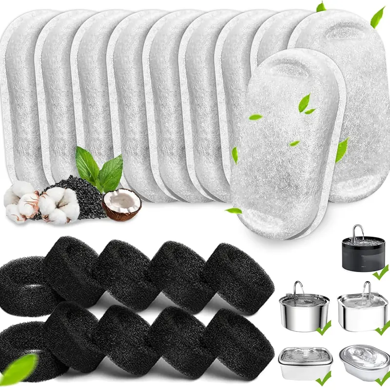 20pcs Cotton+Carbon Cat Water Fountain Filters with 10 Sponges - Environmentally Friendly Materials, Odor Eliminating Bulk Replacements for 108/3.2L & 67oz/2L Stainless Steel Pet Water Dispensers, Home Improvement Supplies